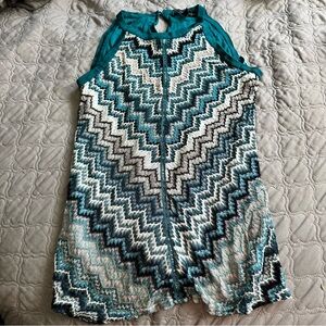 White House Black Market Teal Knit Top with Patterned Detail
